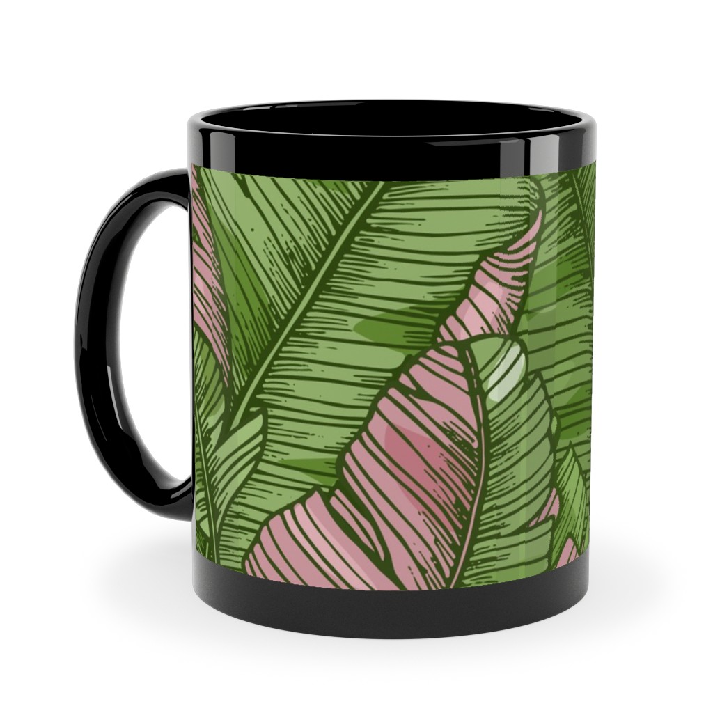 Banana Leaf - Pink Ceramic Mug, Black,  , 11oz, Green