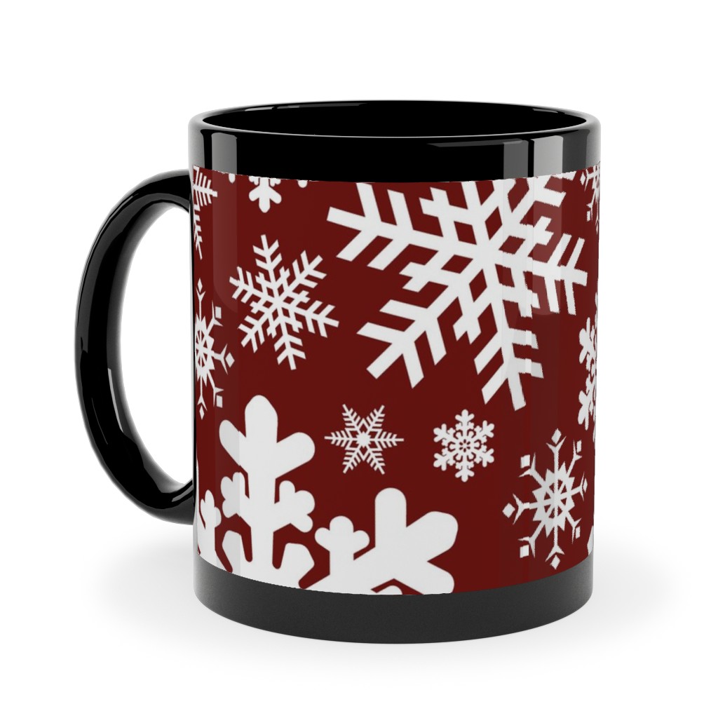 Christmas White Snowflakes on Red Background Ceramic Mug, Black, , 11oz, Red, Red