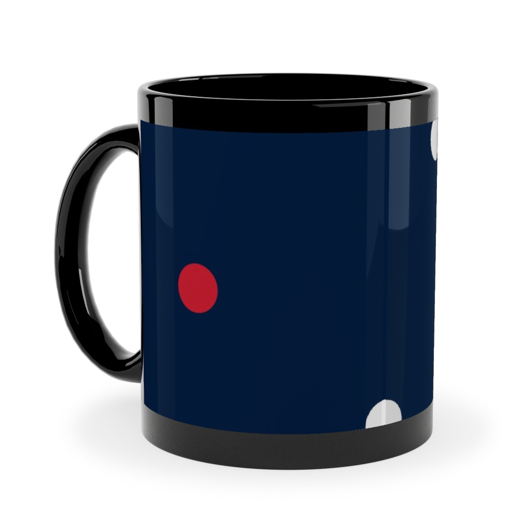 Mixed Polka Dots - Red White and Royal on Navy Blue Ceramic Mug, Black,  , 11oz, Blue