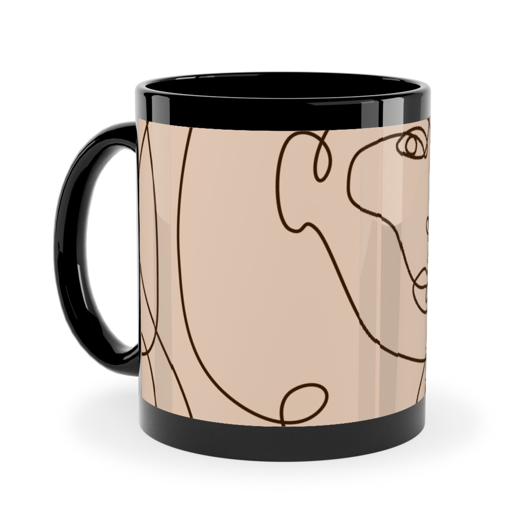 Hand Drawn Women Ceramic Mug, Black, , 11oz, Beige, Sand