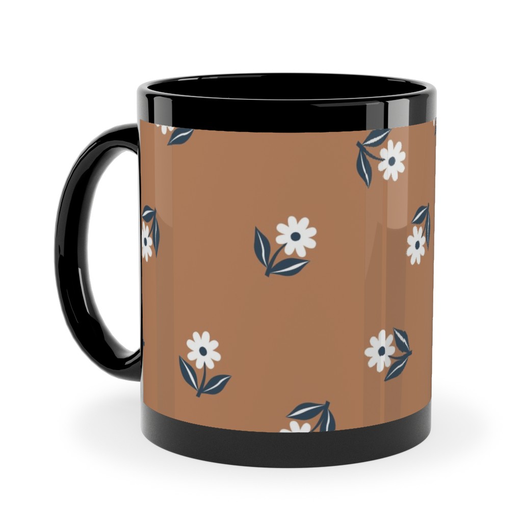 Romantic Boho Daisy Flowers - Scandinavian Print - Caramel Brown Blue Ceramic Mug, Black,  , 11oz, Orange