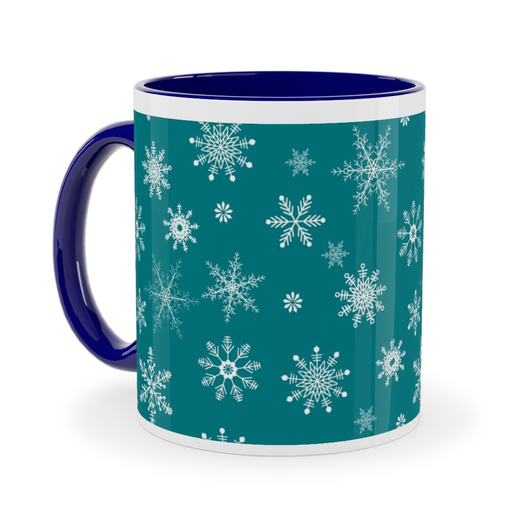 Snowflakes on Emerald Ceramic Mug, Blue, , 11oz, Green, Classic Green