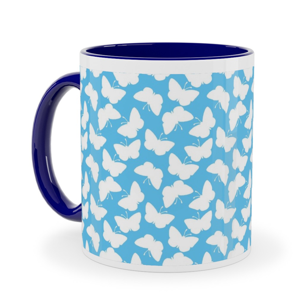 Butterflies - White on Blue Ceramic Mug, Blue, , 11oz, Blue, True Blue