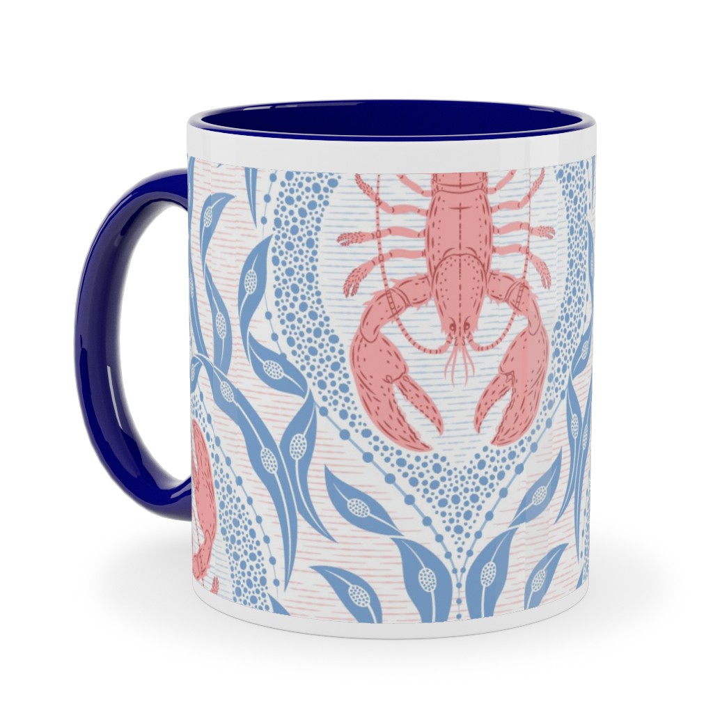 Lobster and Seaweed Nautical Damask - White, Coral Pink and Cornflower Blue Ceramic Mug, Blue, , 11oz, Blue, True Blue