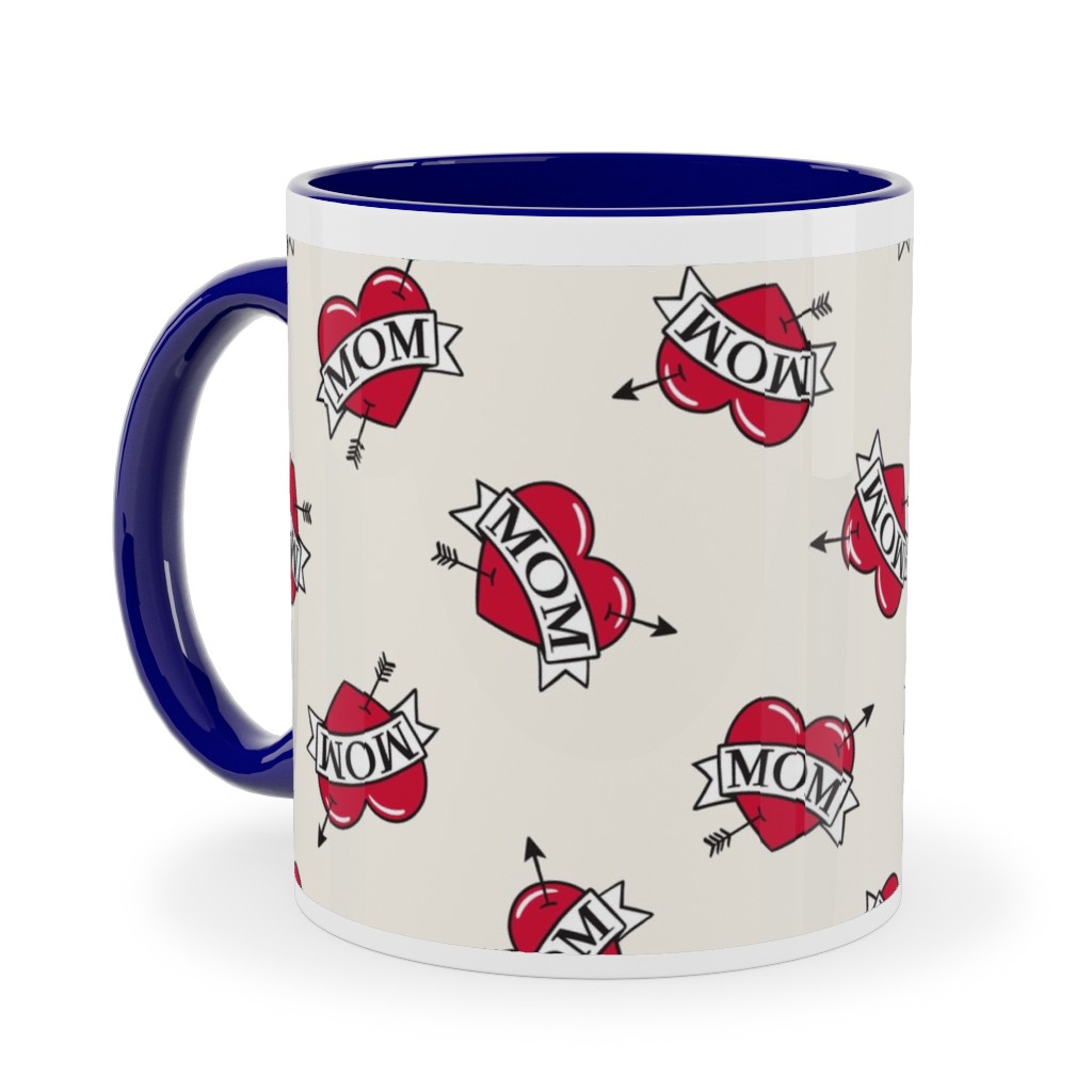 Mom Heart Tattoo - Red on Cream Ceramic Mug, Blue,  , 11oz, Red
