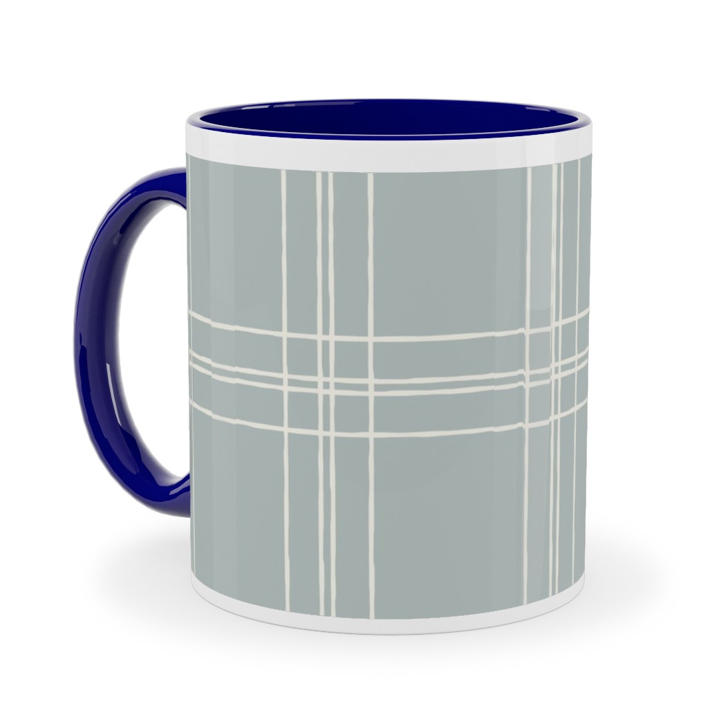 Lined Linens - Quad Plaid - Ivory, Blue Ceramic Mug, Blue,  , 11oz, Blue