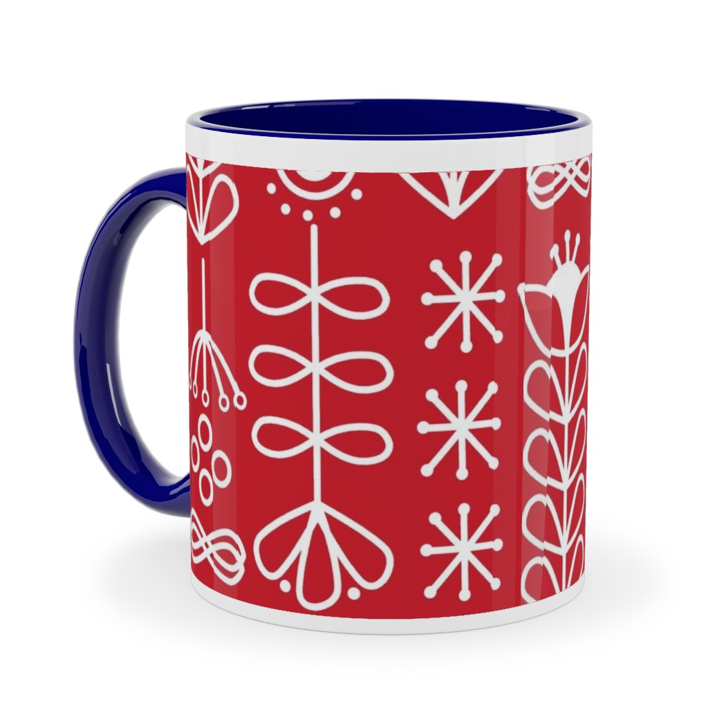 Red and White Nordic Mod Floral Ceramic Mug, Blue, , 11oz, Red, Red