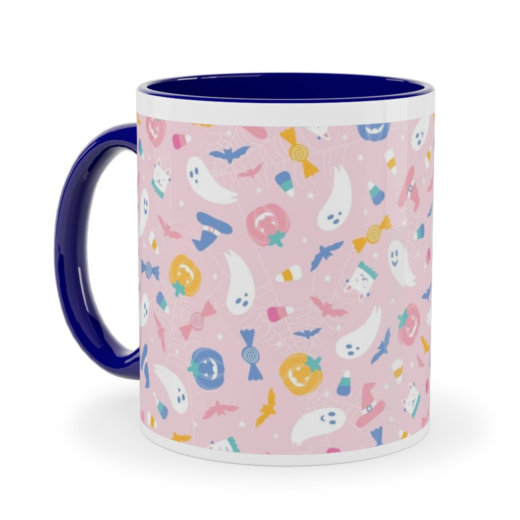 Pastel Halloween Happy Ghosts and Candy Corn Ceramic Mug, Blue,  , 11oz, Pink