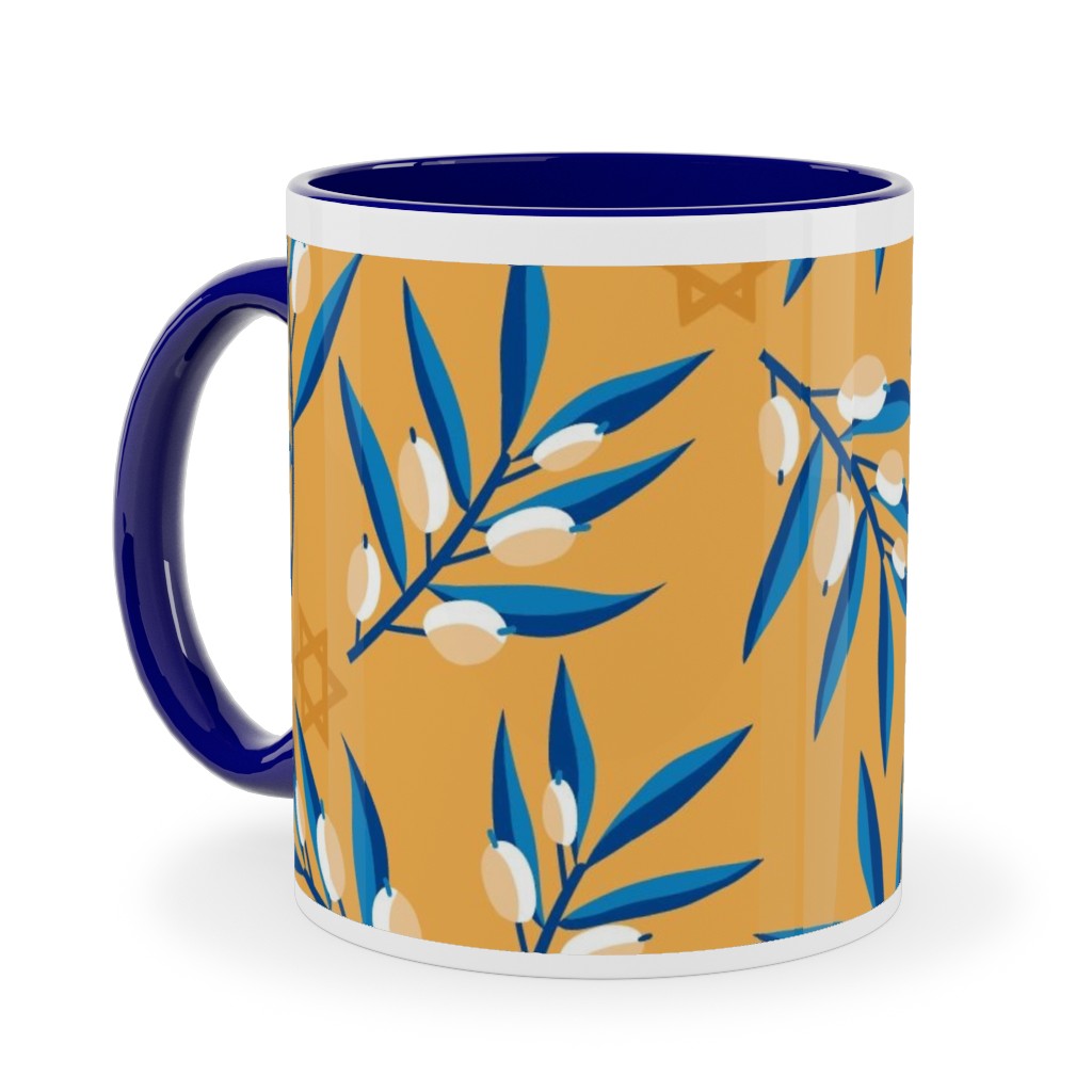 Olive Branches Hanukkah - Blue on Yellow Ceramic Mug, Blue,  , 11oz, Yellow