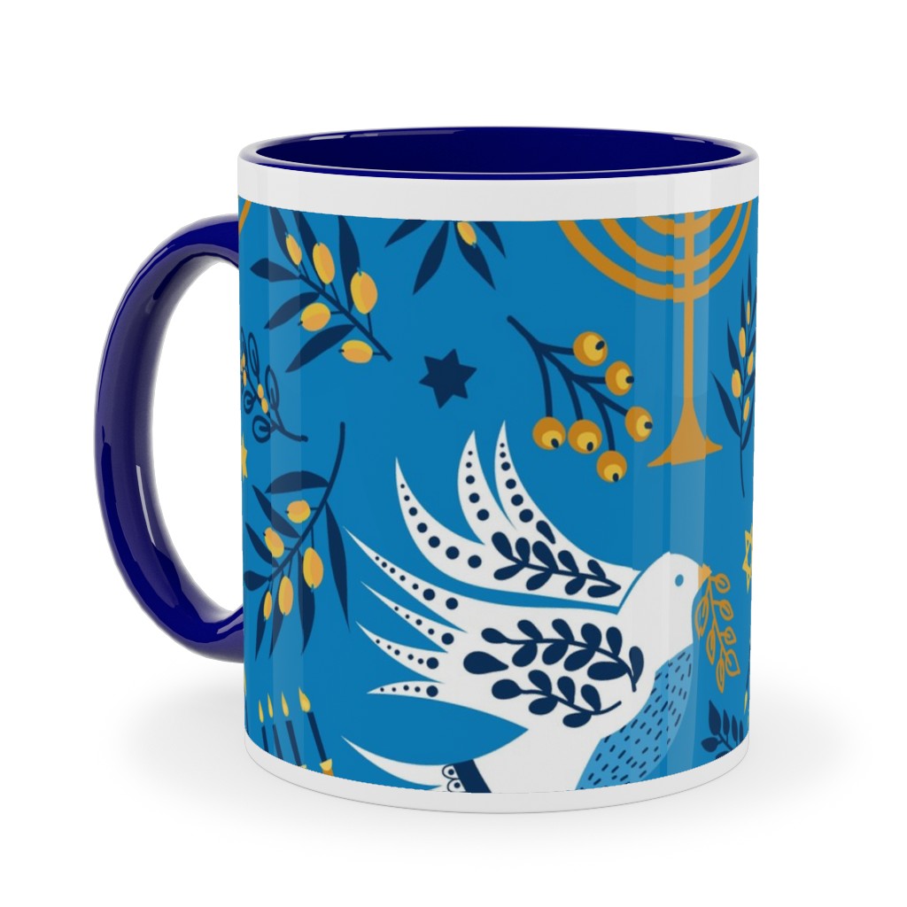 Hanukkah Birds Menorahs - Light Blue Ceramic Mug, Blue,  , 11oz, Blue