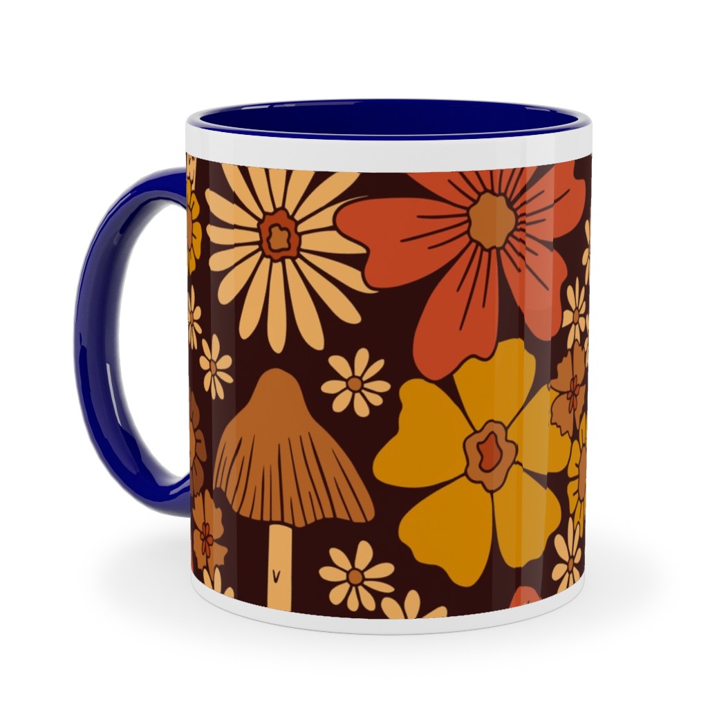 Retro 1970s Mushroom & Flowers - Brown and Orange Ceramic Mug, Blue, , 11oz, Orange, Orange
