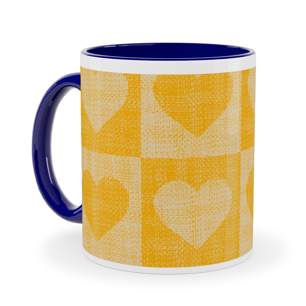 Love Hearts Check - Yellow Ceramic Mug, Blue,  , 11oz, Yellow