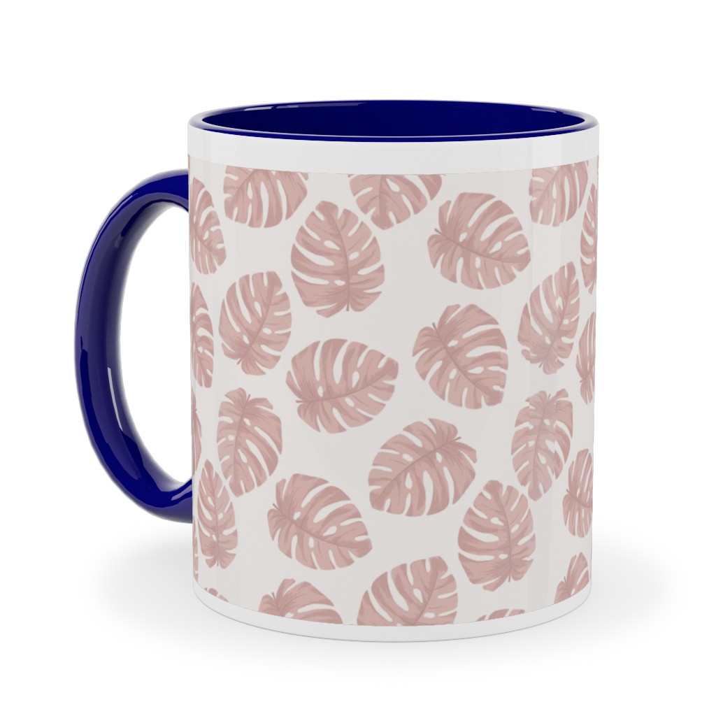 Boho Monstera Leaf - Light Pink on Off White Ceramic Mug, Blue, , 11oz, Pink, Bright Pink