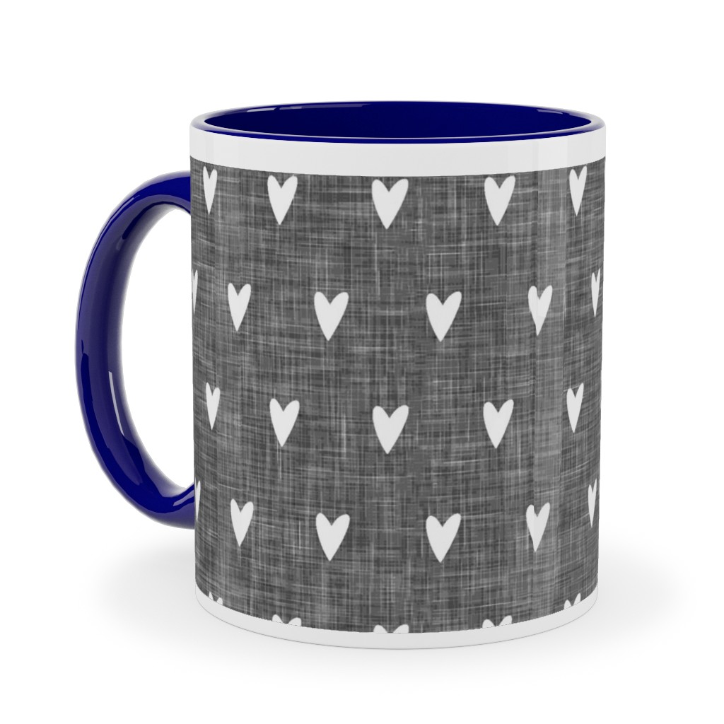 Hearts on Grey Linen Ceramic Mug, Blue, , 11oz, Gray, Gray