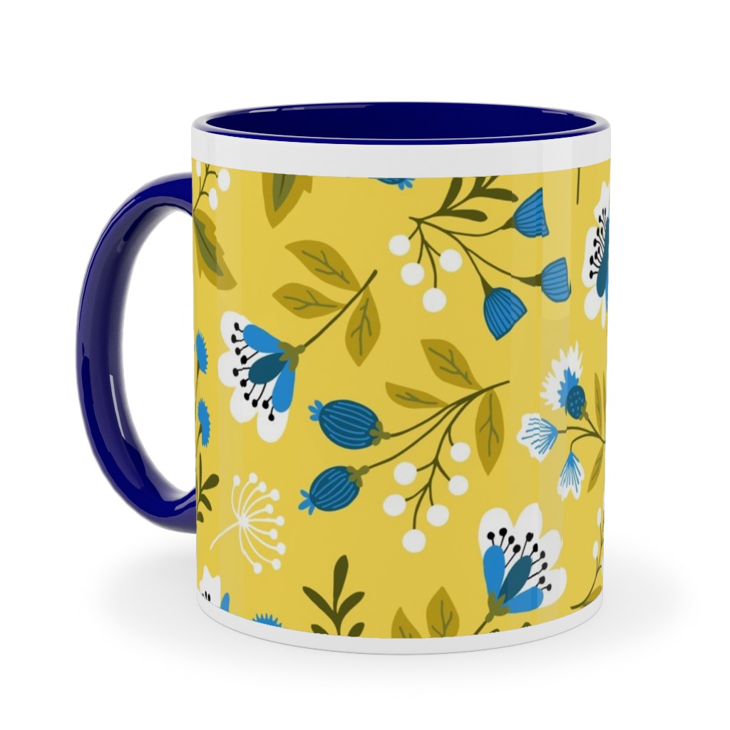 Colorful Spring Flowers - Blue on Yellow Ceramic Mug, Blue,  , 11oz, Yellow