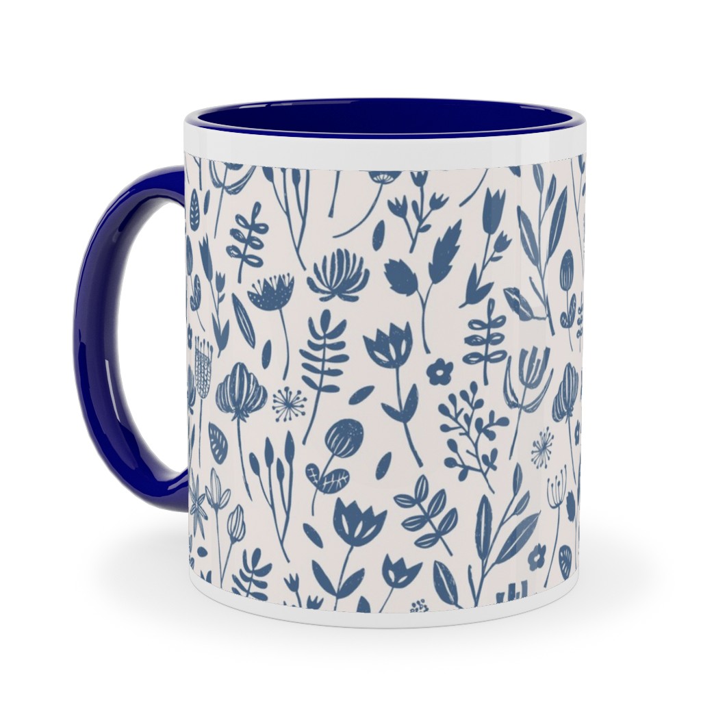 Folk Botanical Print - Blue Ceramic Mug, Blue,  , 11oz, Blue