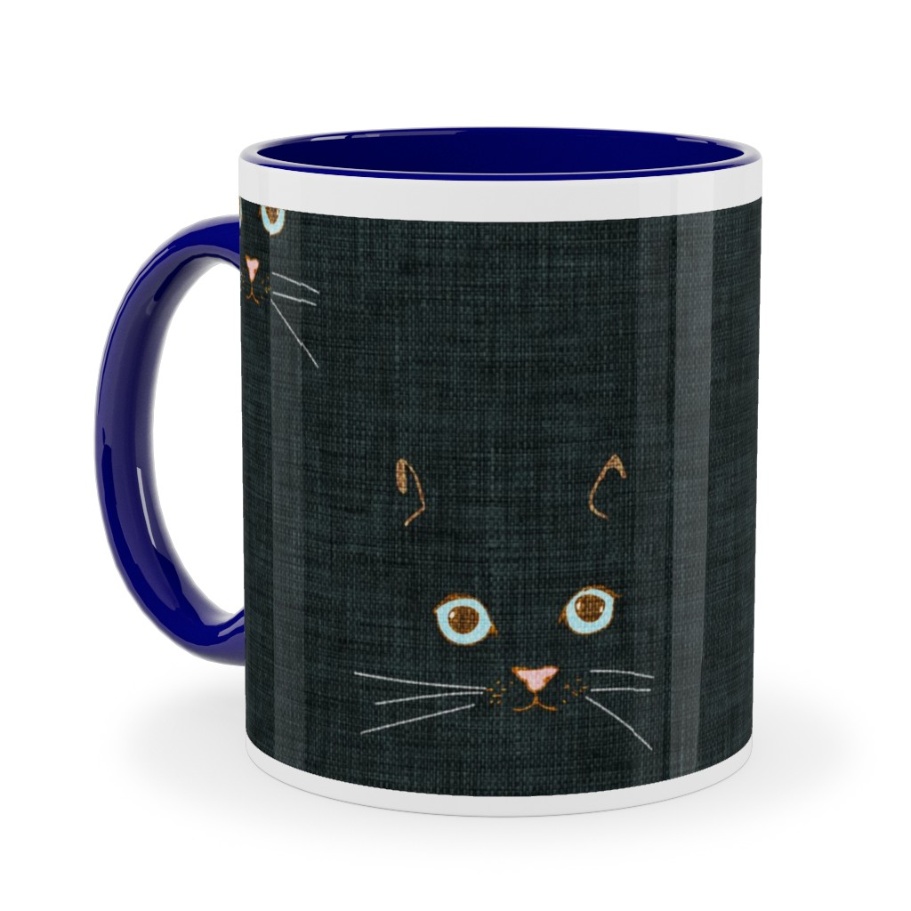 Cat Face - Black Ceramic Mug, Blue, , 11oz, Black, Black