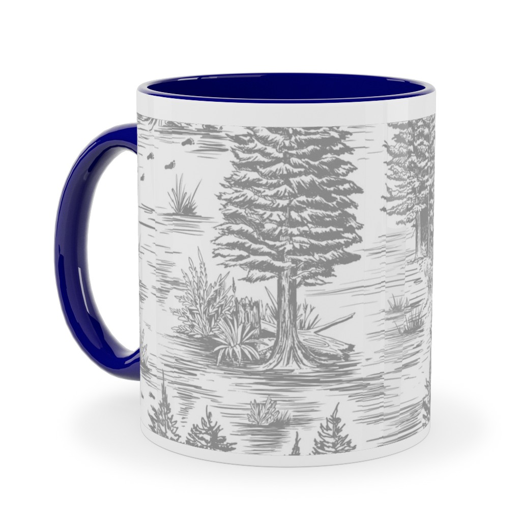 Bigfoot Sasquatch Toile De Jouy Ceramic Mug, Blue, , 11oz, Gray, Fog