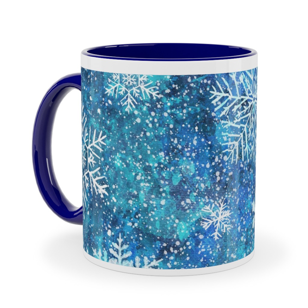 Whinsical Snowflakes Handpainted With Watercolors - Blue Ceramic Mug, Blue, , 11oz, Blue, True Blue