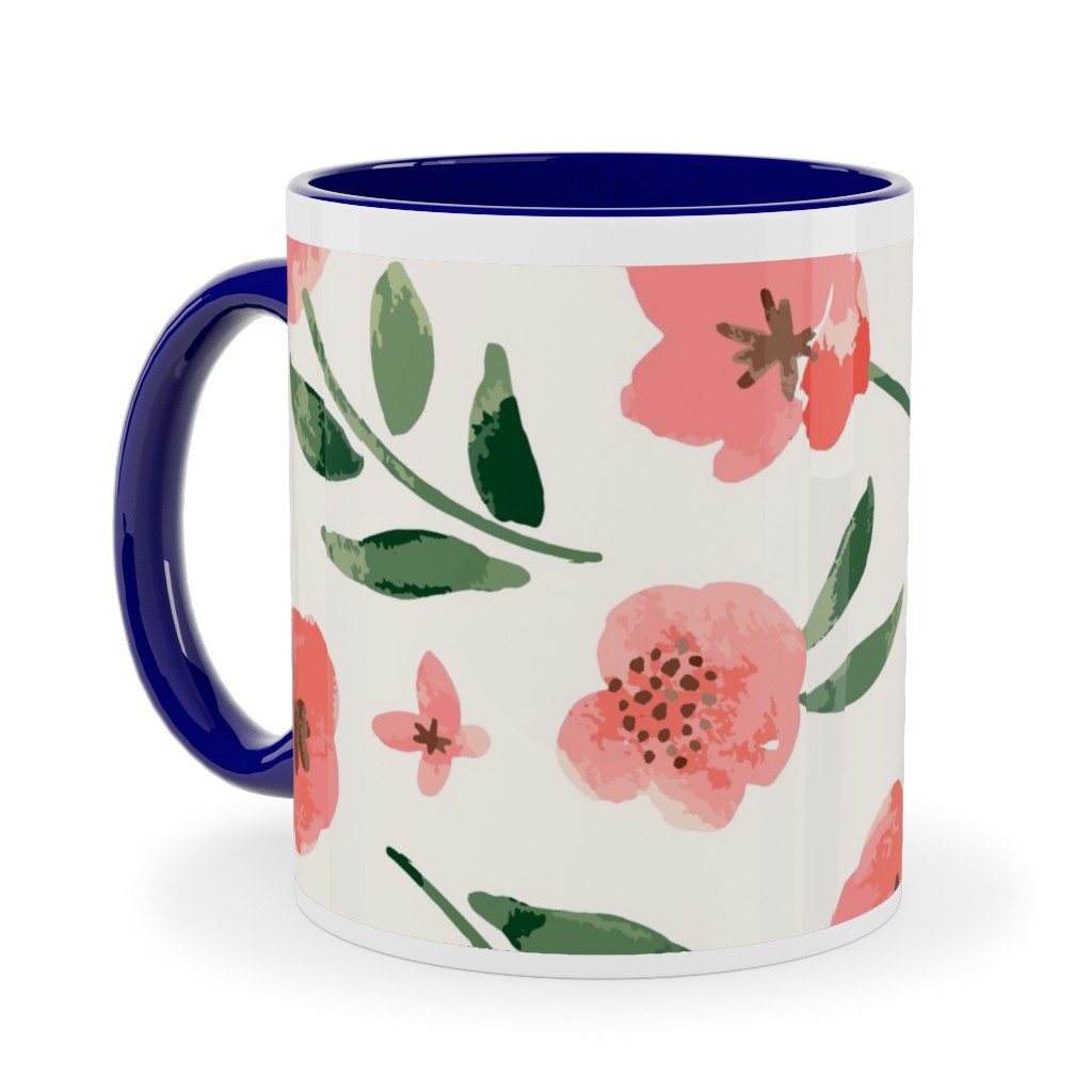 Scattered Watercolor Spring Flowers Ceramic Mug, Blue, , 11oz, Pink, Bright Pink