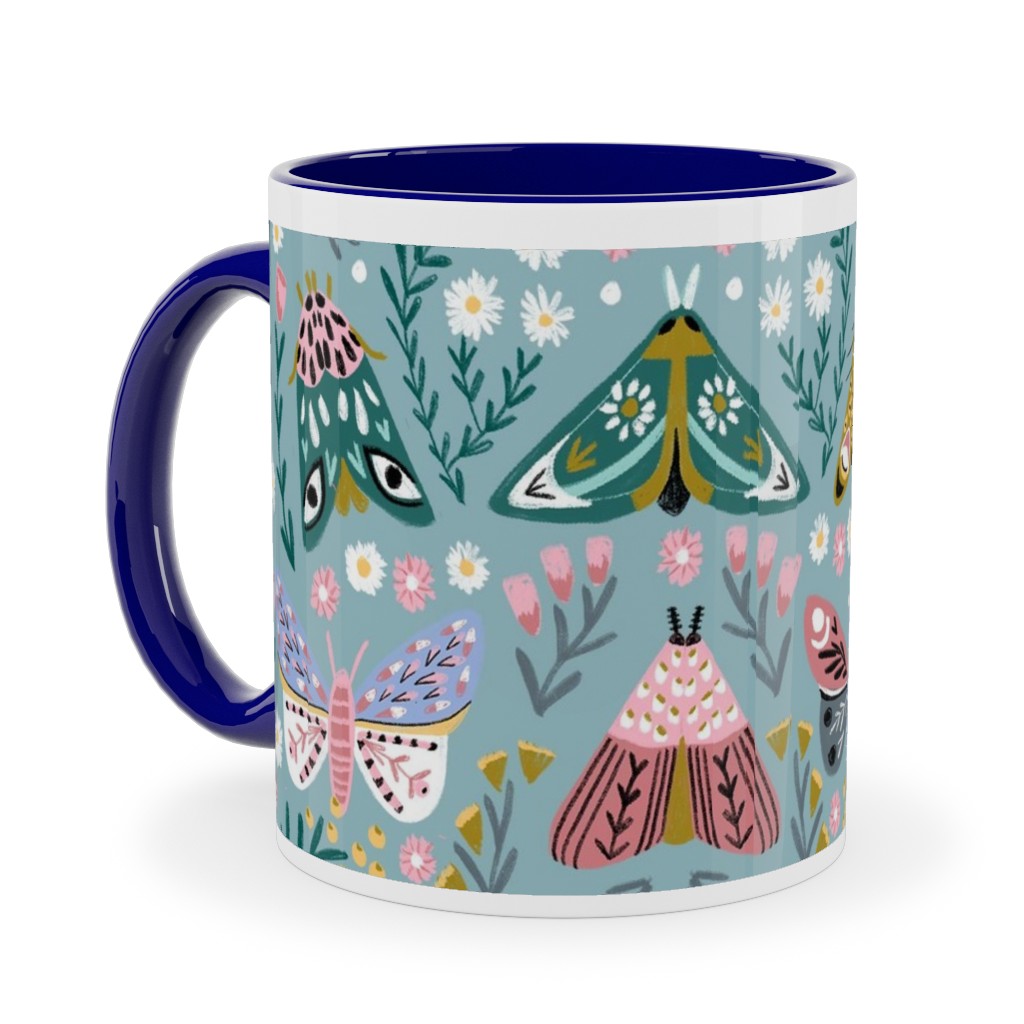 Spring Floral and Butterflies - Blue Ceramic Mug, Blue, , 11oz, Multicolor