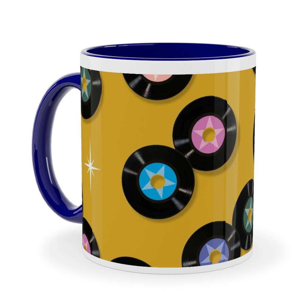 Pop Star Vintage Vinyl Records Ceramic Mug, Blue, , 11oz, Yellow, Goldenrod