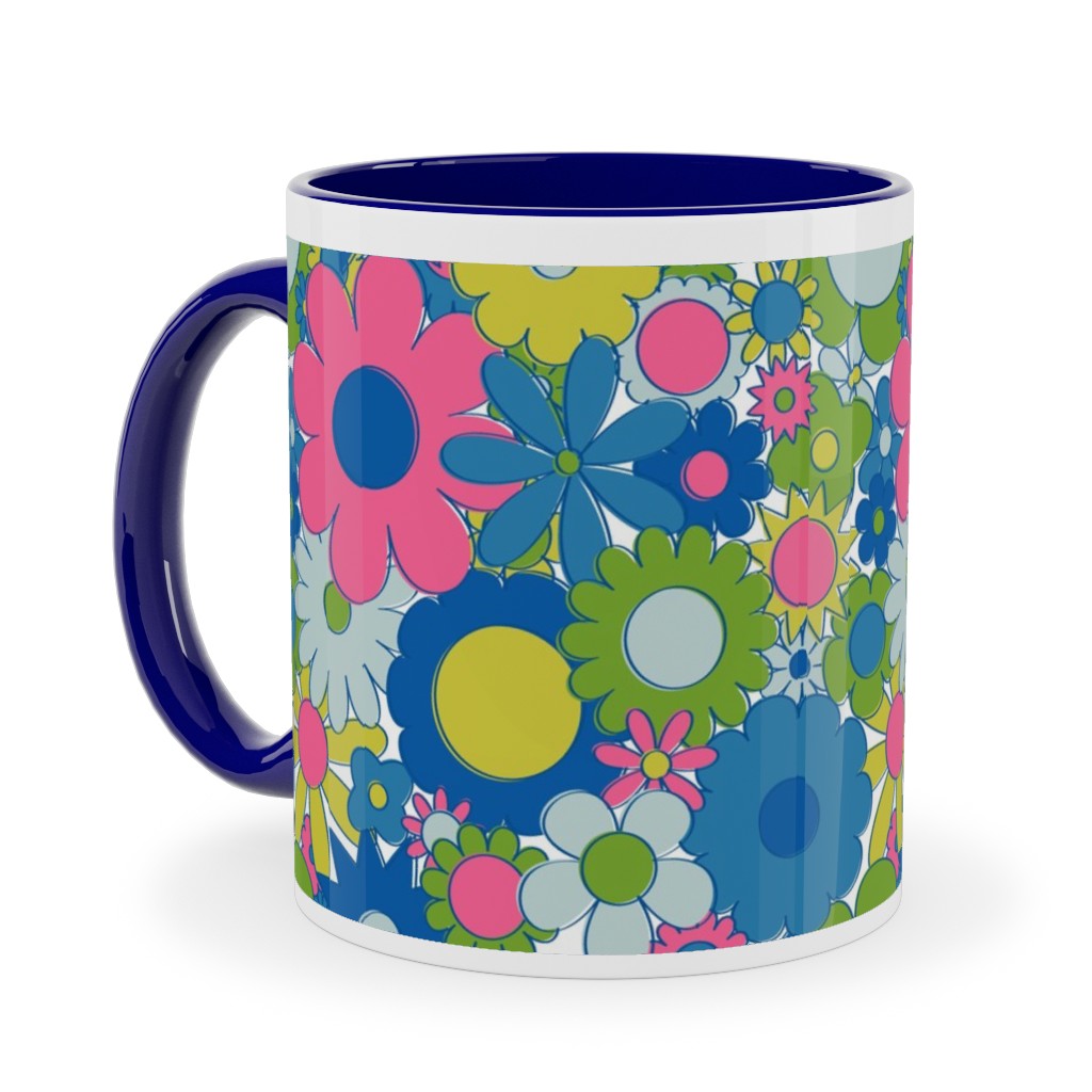 Funky Daisy Floral - Neon Ceramic Mug, Blue, , 11oz, Multicolor