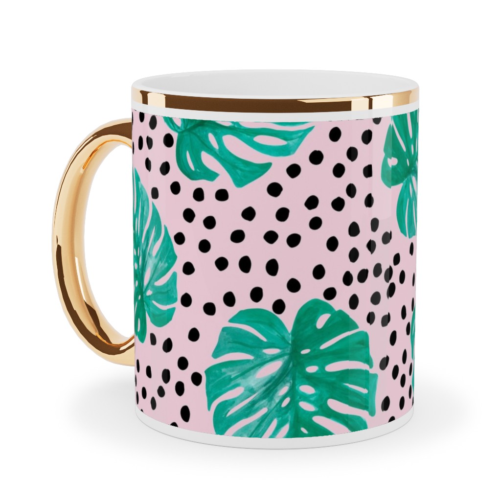 Tropical Monstera - Pink Ceramic Mug, Gold Handle, , 11oz, Pink, Bright Pink