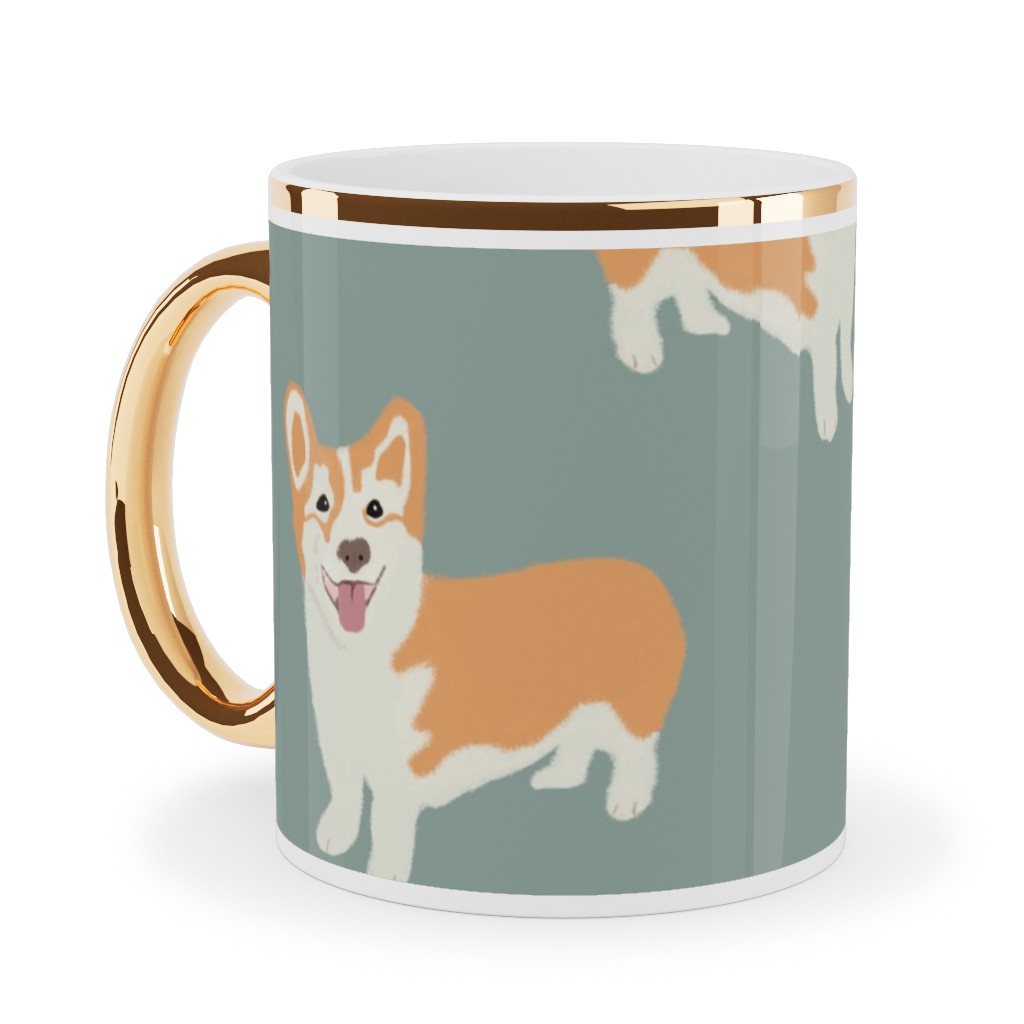 Corgi Ceramic Mug, Gold Handle, , 11oz, Green, Basil
