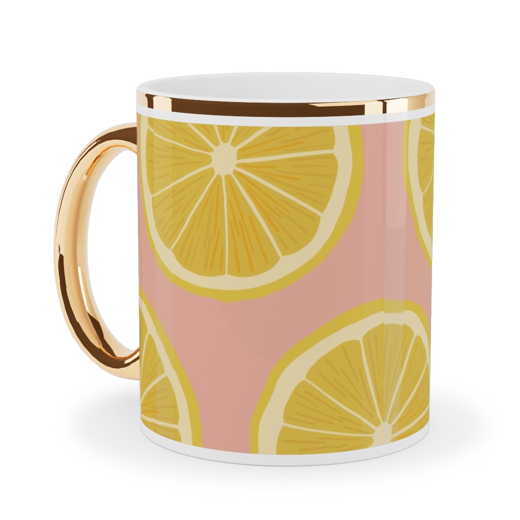 Lemon - Pink Ceramic Mug, Gold Handle,  , 11oz, Pink