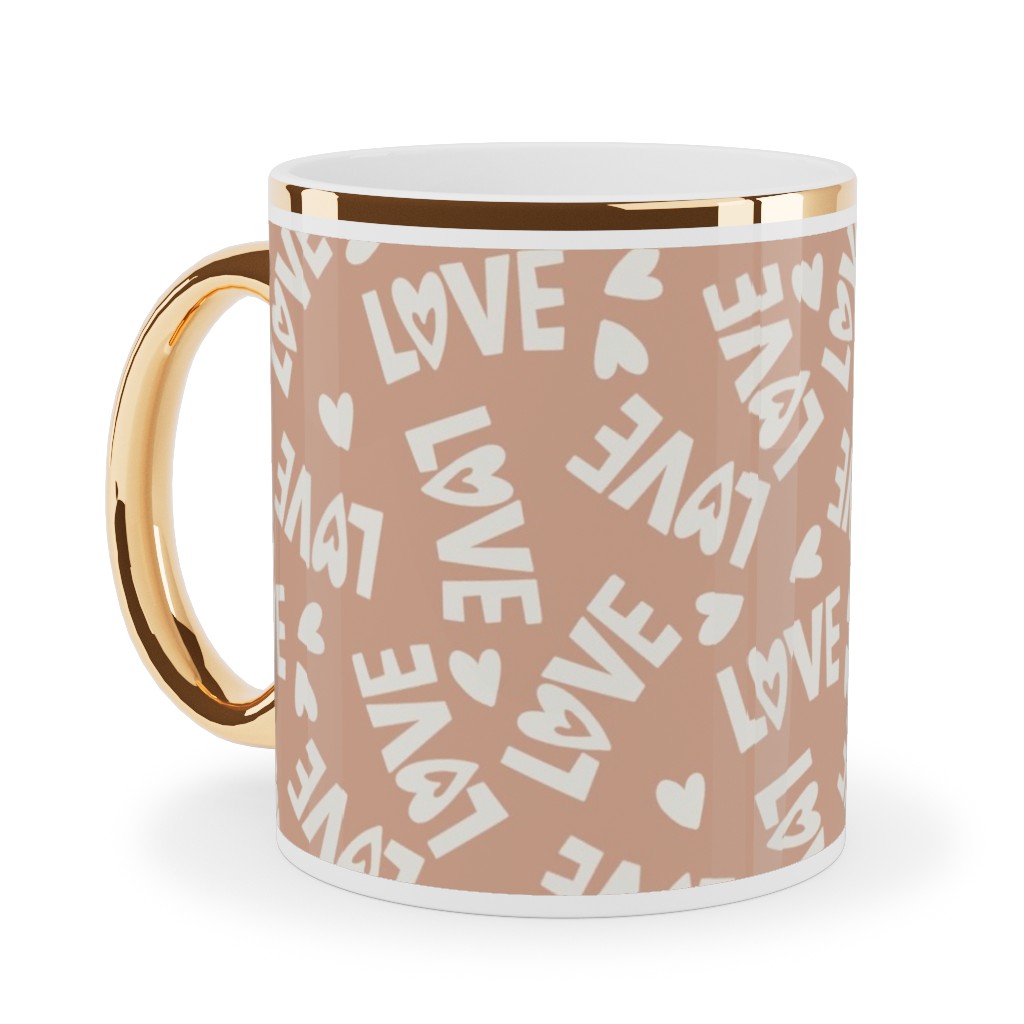 Retro Love - Muted Pink Ceramic Mug, Gold Handle,  , 11oz, Pink