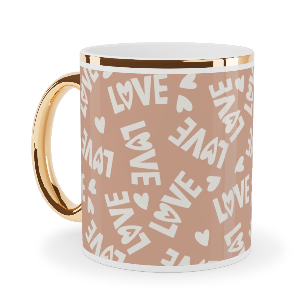 Retro Love - Muted Pink Ceramic Mug, Gold Handle, , 11oz, Pink, Bright Pink