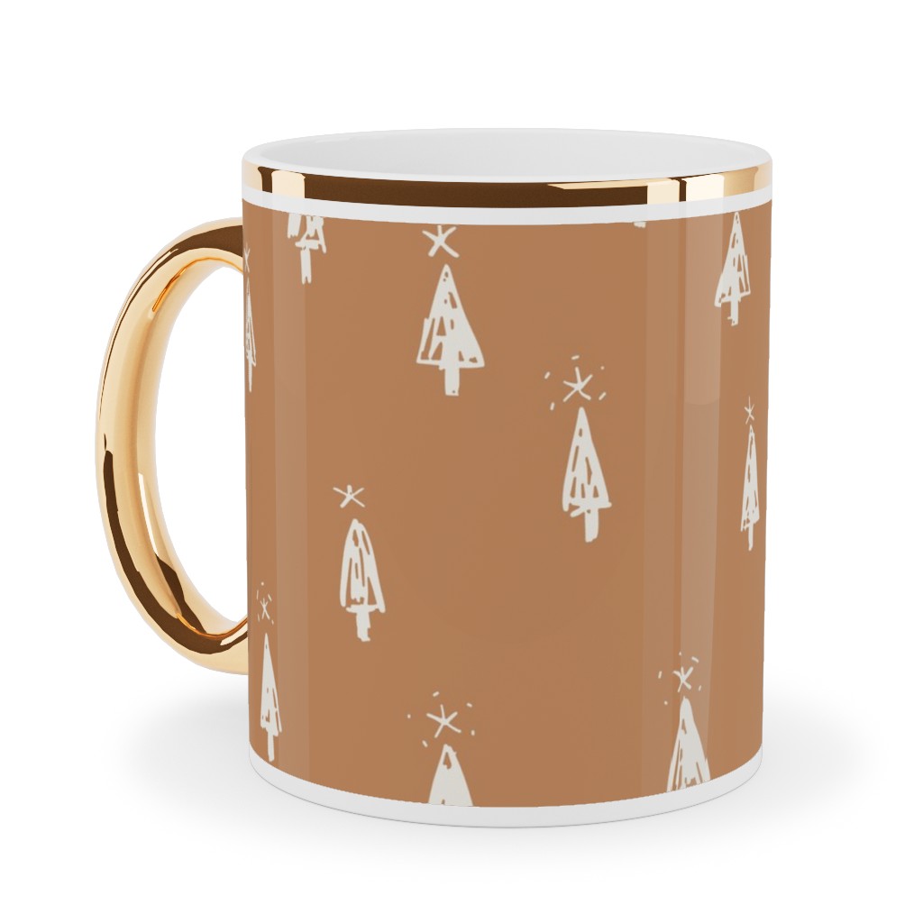 Christmas Trees on Pine Needle Ceramic Mug, Gold Handle, , 11oz, Orange, Pueblo