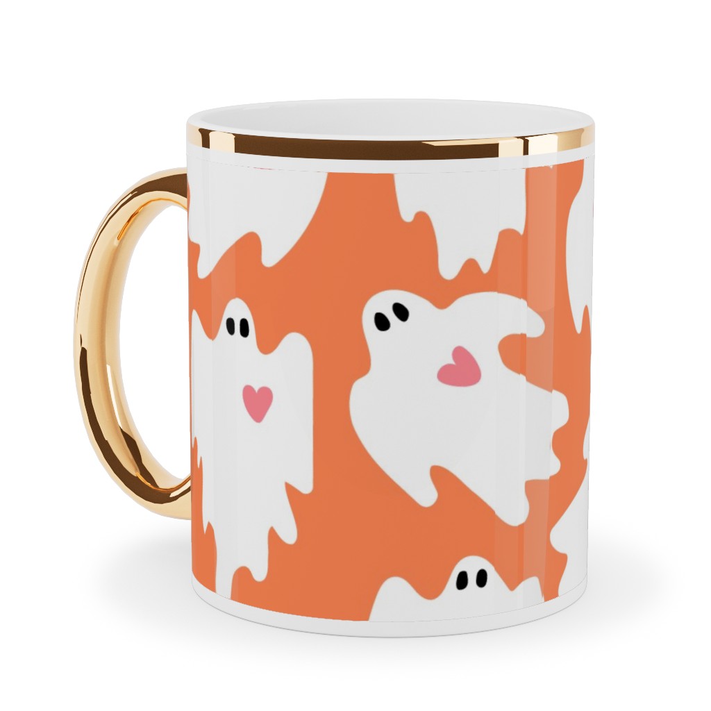Halloween Ghosts With Hearts - Orange Ceramic Mug, Gold Handle, , 11oz, Orange, Orange