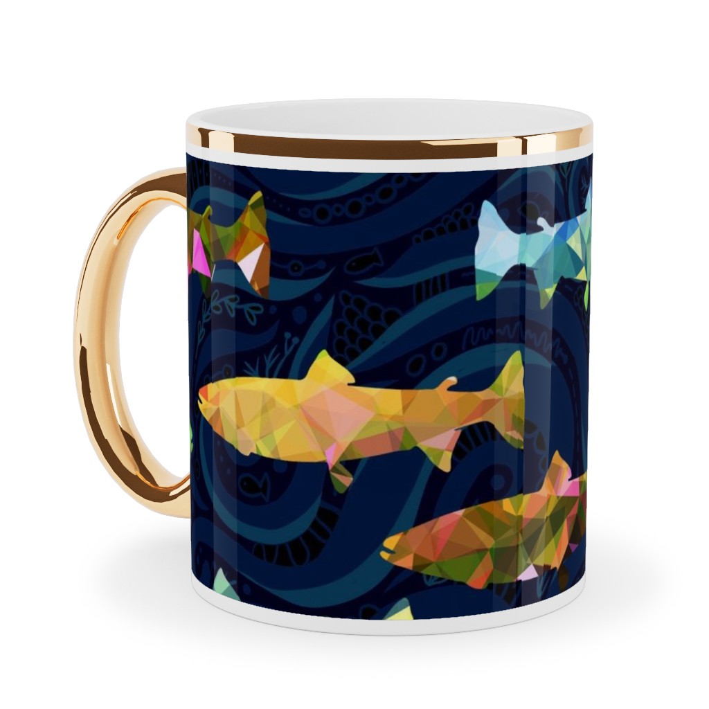 Hillside Rainbow Salmon - Multi on Dark Ceramic Mug, Gold Handle, , 11oz, Multicolor