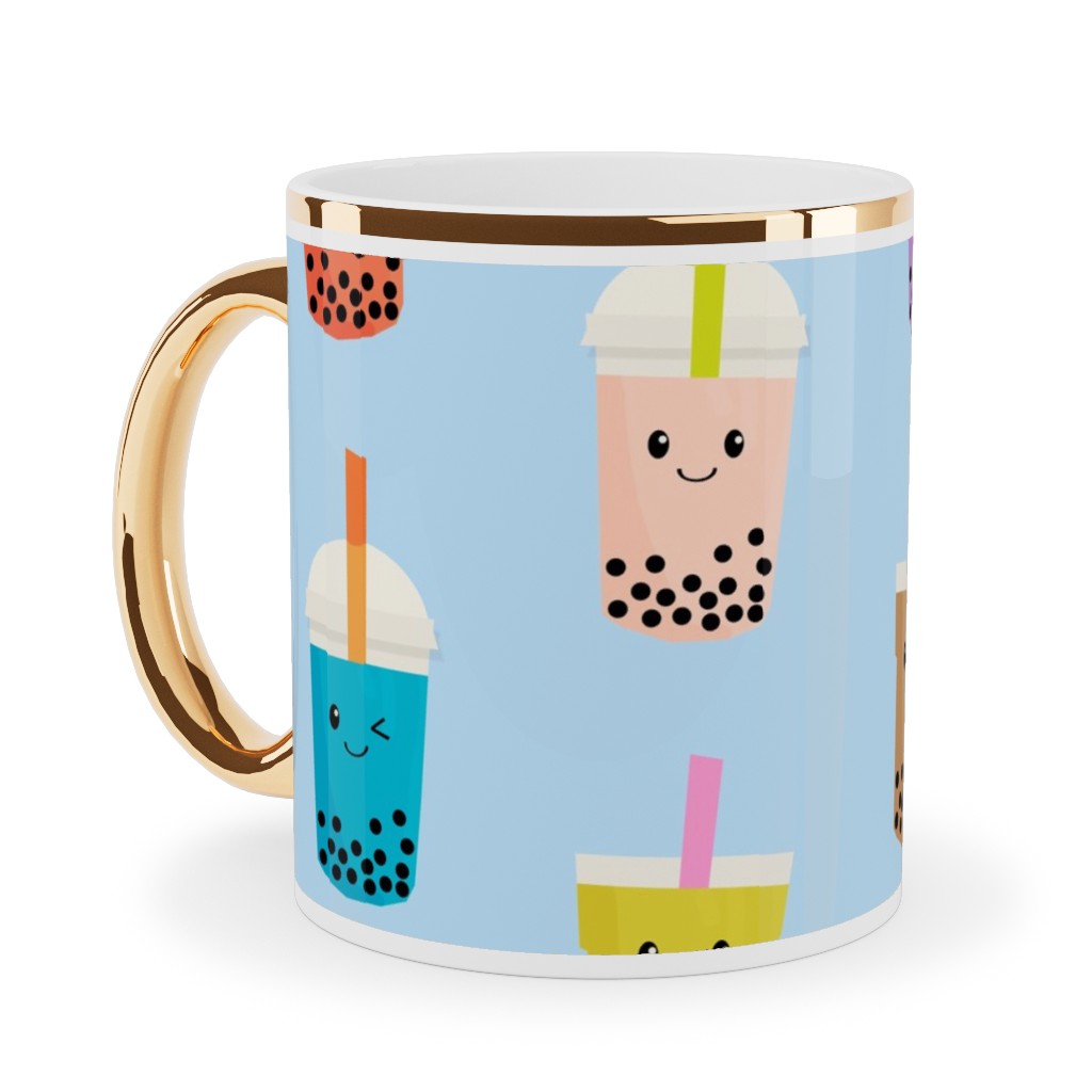 Boba Tea Ceramic Mug, Gold Handle, , 11oz, Blue, Powder