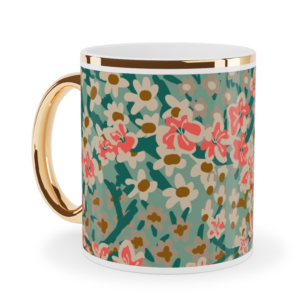 Bengal Kuma Floral - Multi Ceramic Mug, Gold Handle,  , 11oz, Green