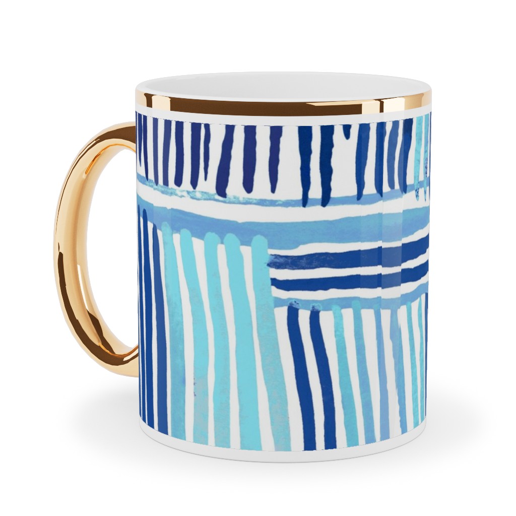 Linear Meditation Ceramic Mug, Gold Handle, , 11oz, Blue, Boardwalk