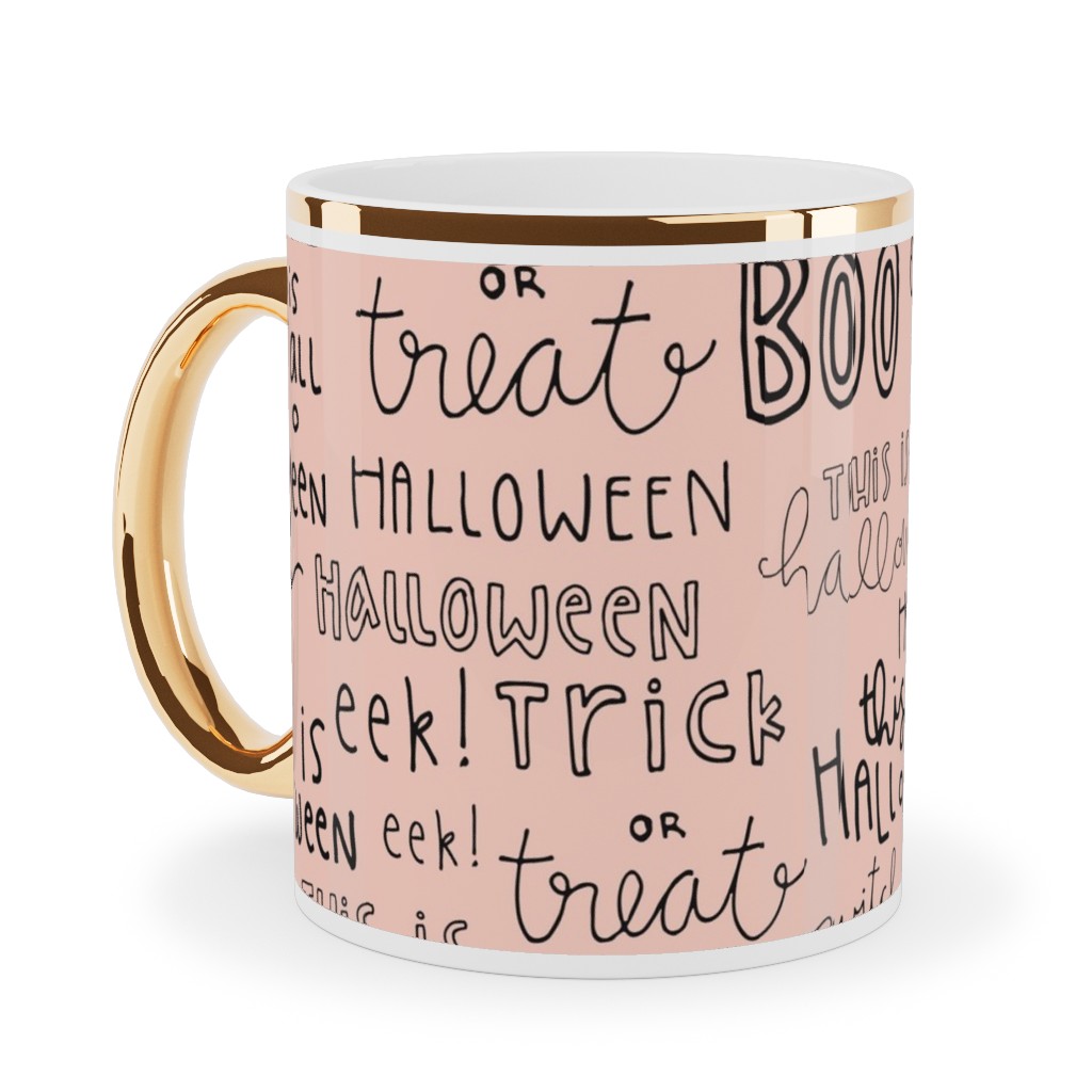 Halloween Words - Black Ceramic Mug, Gold Handle,  , 11oz, Pink