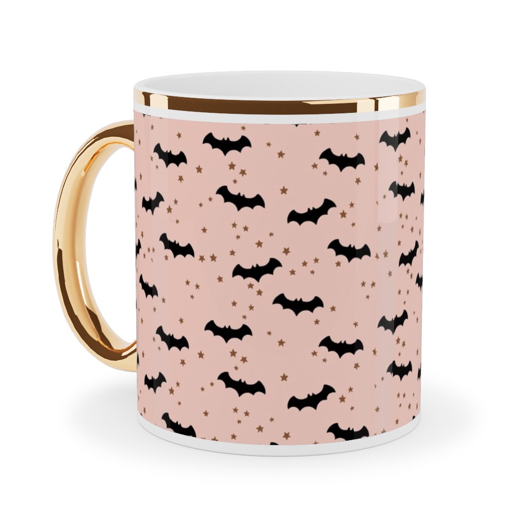 Twinkle Bats - Pink Ceramic Mug, Gold Handle,  , 11oz, Pink
