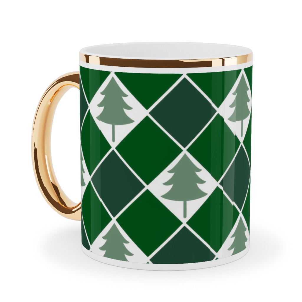 Christmas Tree Checkers - Green Ceramic Mug, Gold Handle, , 11oz, Green, Classic Green