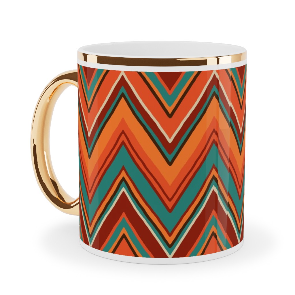 Fall Crazy Chevron - Orange and Teal Ceramic Mug, Gold Handle, , 11oz, Orange, Orange