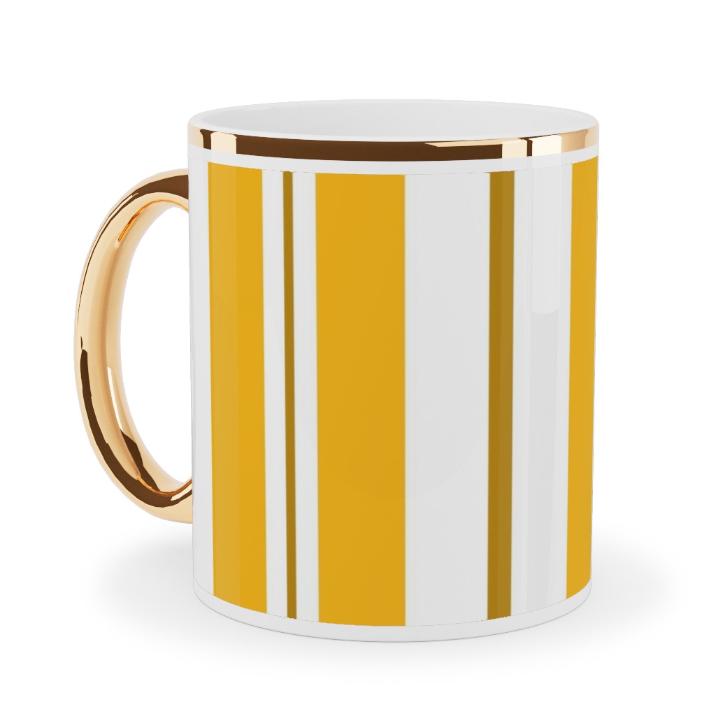 Gold White and Brown Stripes Ceramic Mug, Gold Handle,  , 11oz, Yellow