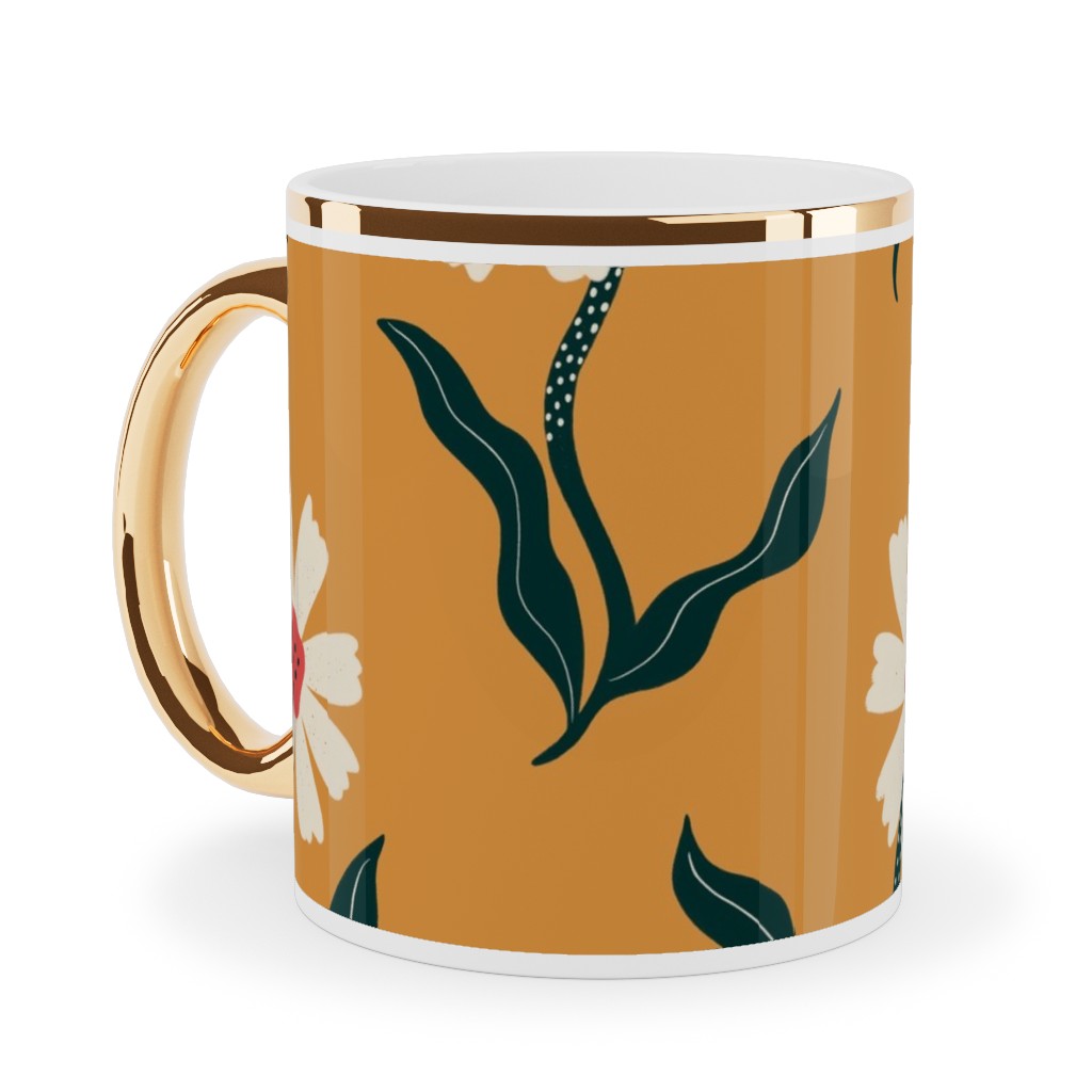 Flower Power - Orange Ceramic Mug, Gold Handle, , 11oz, Yellow, Classic Yellow