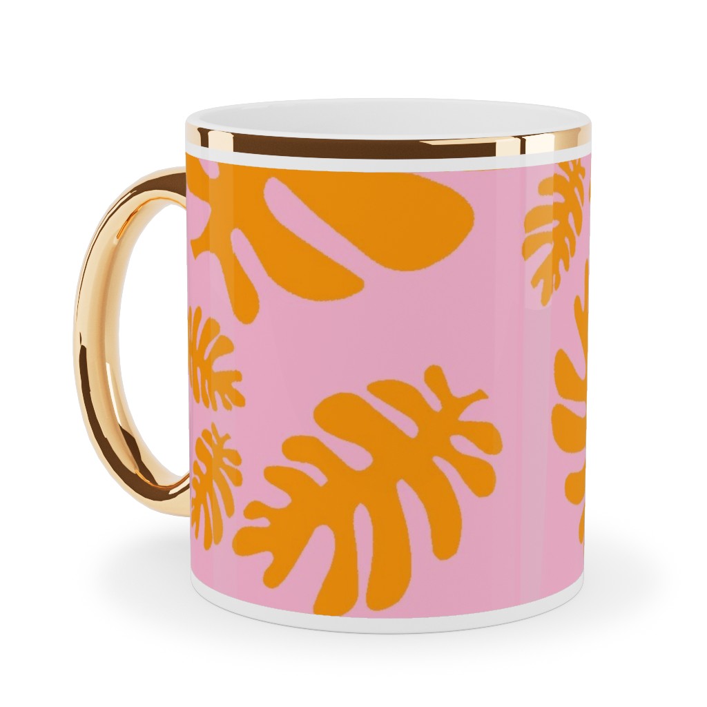 Funky Tropical Leaf - Orange and Blush Ceramic Mug, Gold Handle,  , 11oz, Pink