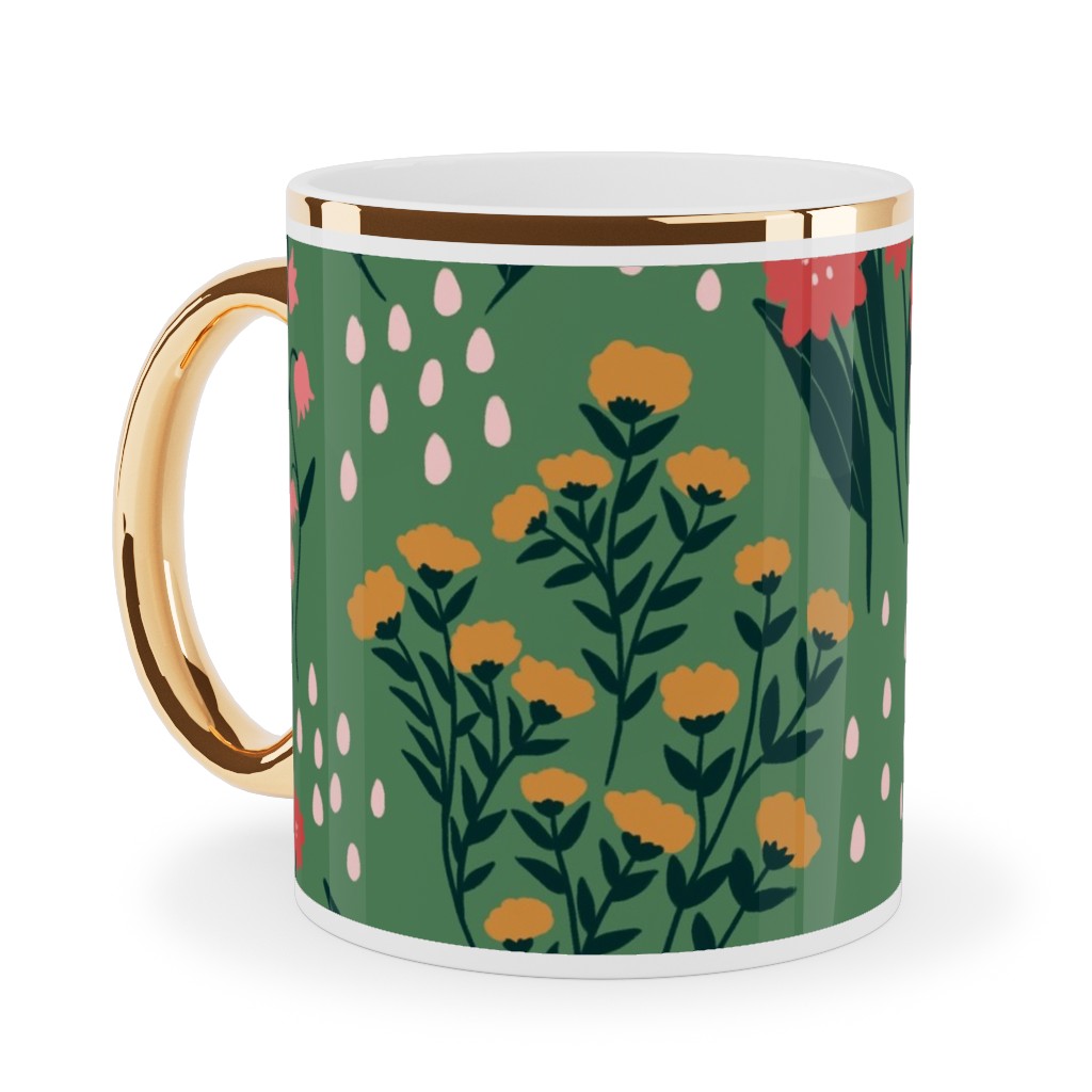 Flowerbed Ceramic Mug, Gold Handle, , 11oz, Green, Classic Green