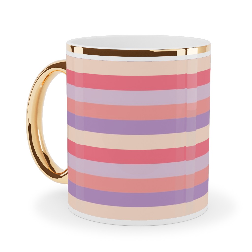 Lavender and Pink Stripe Ceramic Mug, Gold Handle, , 11oz, Multicolor