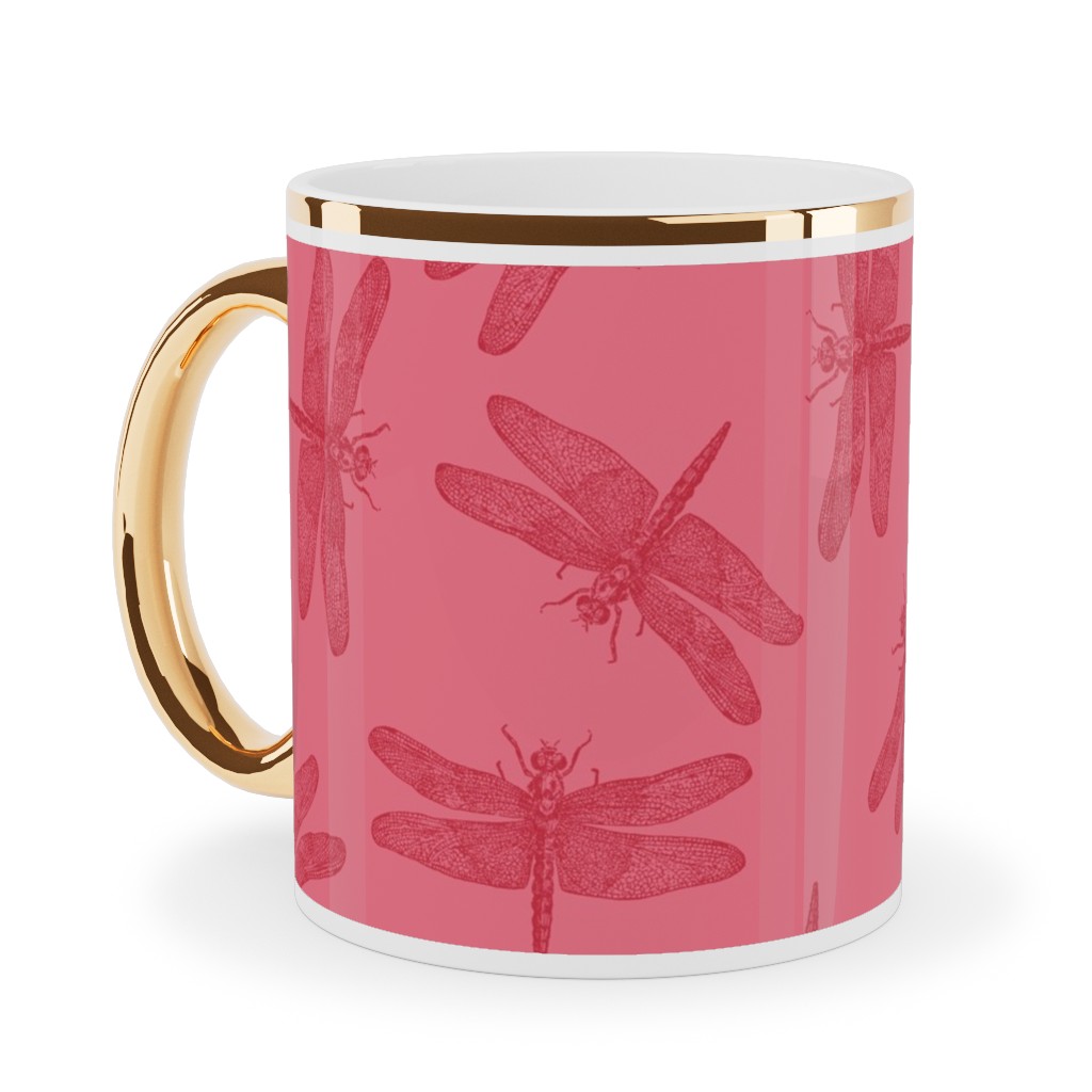 Vintage Dragonfly - Pink Ceramic Mug, Gold Handle, , 11oz, Pink, Bright Pink