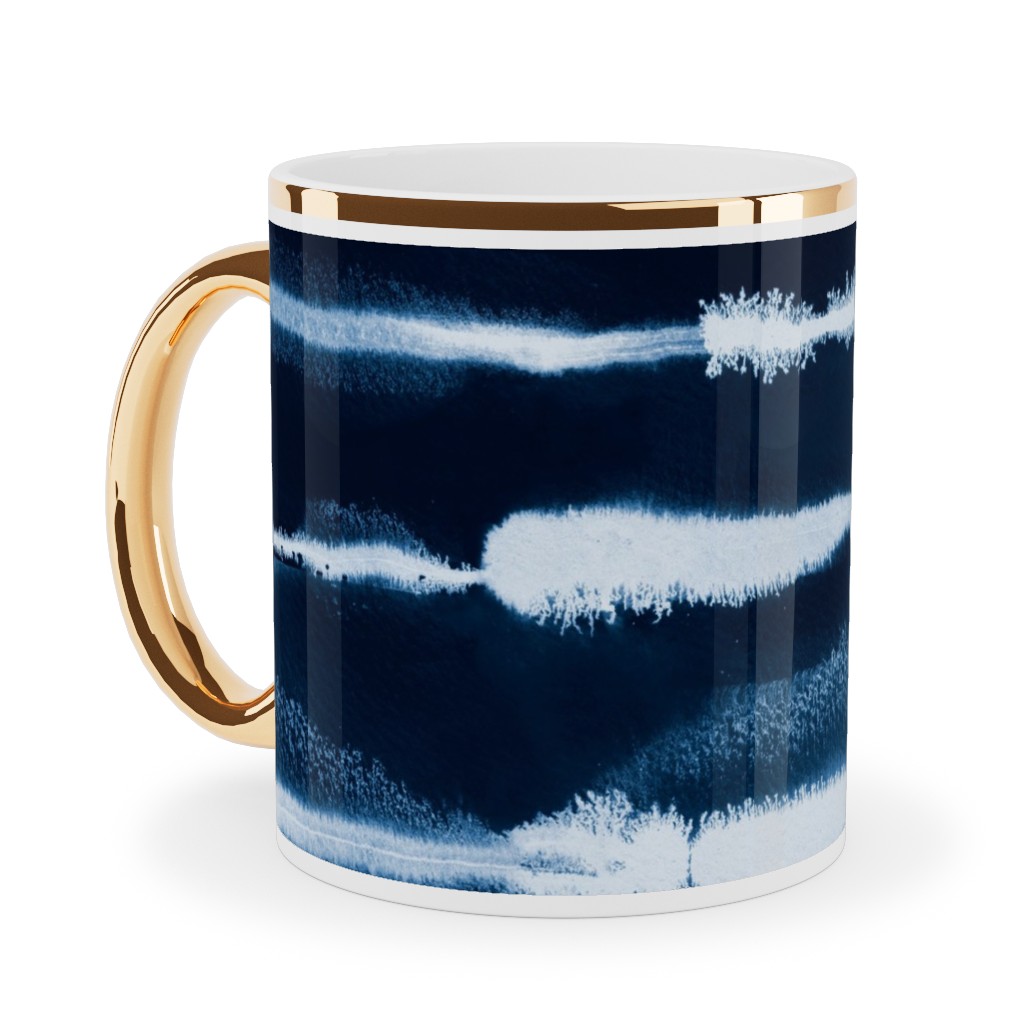 Ikat Watercolor Stripes - Navy Ceramic Mug, Gold Handle, , 11oz, Blue, True Blue