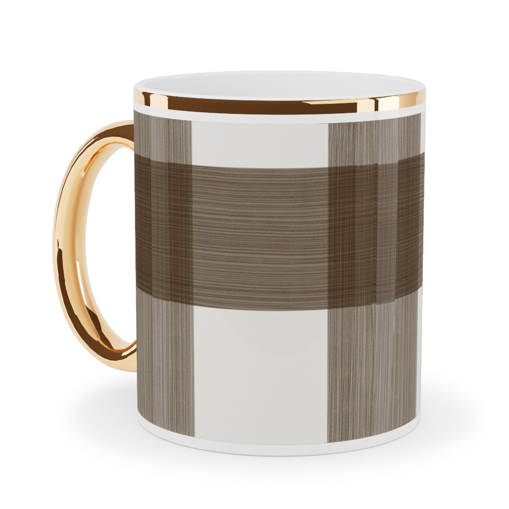 Cross Hatch Plaid Ceramic Mug, Gold Handle, , 11oz, Brown, Granite